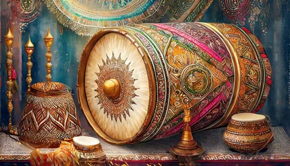drum.a captivating digital illustration showcasing intricate henna patterns artfully applied to drums, merging traditional craftsmanship with a modern twist for a visually rich composition. 