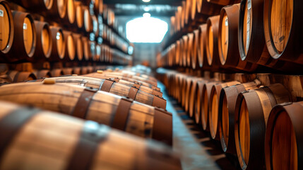 Oak Wine barrels stacked in cellar, winery and brewery scene.
 - obrazy, fototapety, plakaty