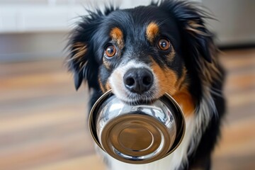 Dog waiting for feeding with empty bowl in his mouth