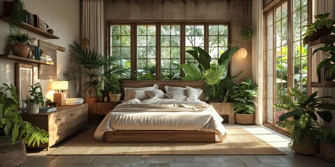 Embracing Rustic Elegance in a Bedroom Illuminated by Gentle Morning Light, Adorned with Roses - Cozy Retreat - Sunlit Room with Rustic Accents - Infusing Warmth with Soft Morning Glow