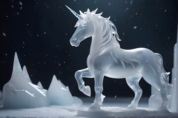 Obraz na płótnie Canvas amazing unicorn white ice sculpture with iridescent horn