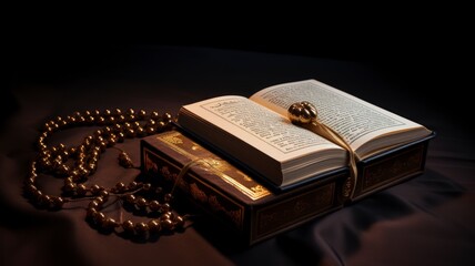 Quran or Kuran, the holy book of Islam, on a dark background, with rosary beads. copy space - generative ai