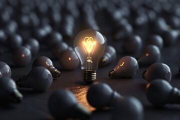 Lightbulb Glowing Among Shutdown Light Bulbs in Dark Area with Copy Space