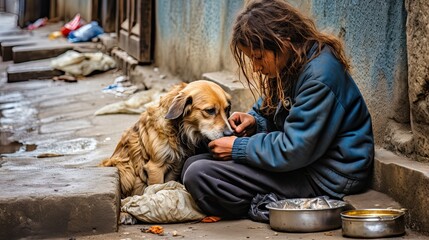 poor girl feeds a dog. Generative AI - obrazy, fototapety, plakaty