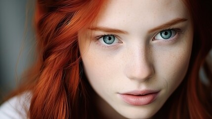 portrait of ginger girl. eye contact. Generative AI