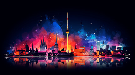 Fototapety  berlin skyline, night, abstract illustration in the style of an explainer video, geometrical shapes and lines only, low detail, white background
