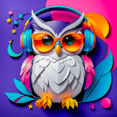 illustration of paper art owl with headphones and sunglasses on the abstract background.	