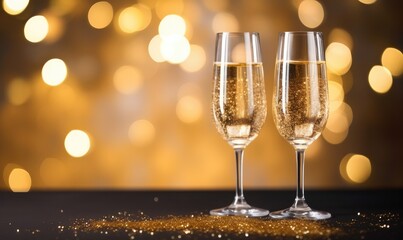 Party invite and celebration two Champagne glasses with gold glitter vip premium black background