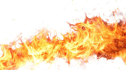 Intense flames consuming a space, vibrant and dynamic with flying sparks, isolated on white background