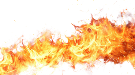 Intense flames consuming a space, vibrant and dynamic with flying sparks, isolated on white background