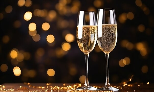 Party invite and celebration two Champagne glasses with gold glitter vip premium black background