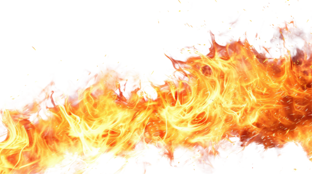 Intense flames consuming a space, vibrant and dynamic with flying sparks, isolated on white background