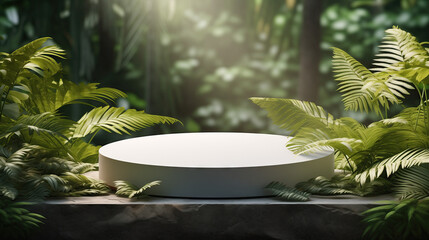 Product presentation with a rock podium set amidst a lush tropical forest and flower, enhanced by a vibrant green backdrop.
