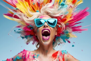 Happy excited woman with multicolored painted hair and skin having fun with colorful powder