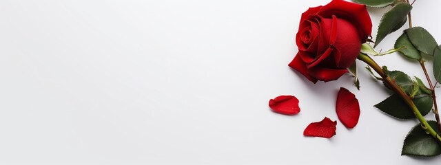 A banner design with a red rose with some of its petals falling off in one corner of a white background.