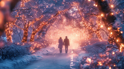Fototapeta premium A picturesque image of a couple strolling through a white garden adorned with fairy lights and blossoms, evoking a sense of enchantment and romance on the special occasion of White