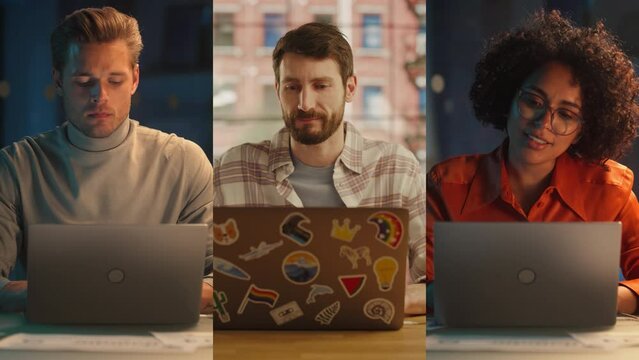 Split Screen Collage of Diverse Group of People Working on Laptops. Multiethnic Professionals, Entrepreneurs, Creators Using Computers, Creating Content, Manging Social Media. Productive Connectivity