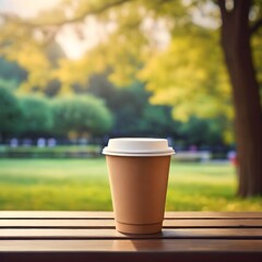 Coffee cup in a park bench mock up illustration