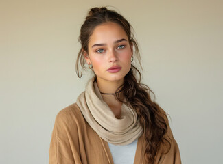 Obraz premium Pretty Young Caucasian Female with Attractive Style, Posing Outdoors in Autumn, Wearing Cute Scarf and Casual Sweater, Enjoying Leisure Time in the City.