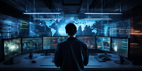 A cybersecurity professional working on multiple monitors displaying various, Male programmer or hacker in front of many screens with program data on them, 

 - obrazy, fototapety, plakaty