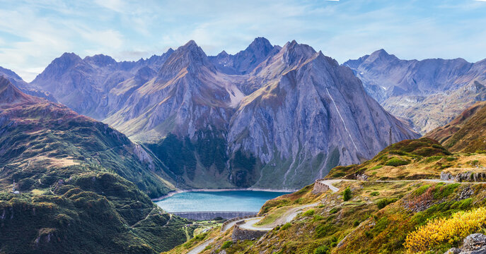 Summer landscape of Morasco lake and Riale alpine village in Val Formazza, Piedmont, Italy