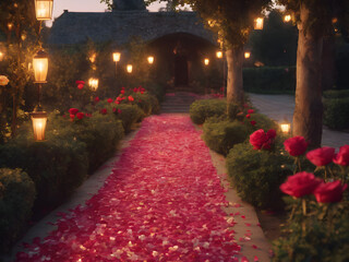 rose petals strewn on the path to a beautiful house with lanterns