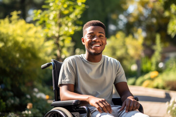 Portrait of a cheerful African American in a wheelchair in the summer park