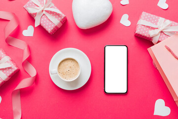 smart phone with coffee for Valentine day, gift box and envelope, hearts