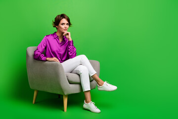 Full body photo of confident young psychologist woman pink shirt touch chin sitting at office...