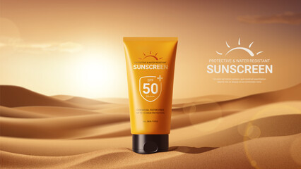 Ad banner for promotion sunscreen. Concept of minimalist design of advertisement of sunscreen. Vector illustration with tube with cream on desert sand with sunset on background. Ad of cosmetics.