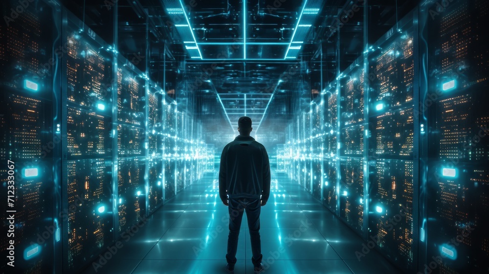 Poster silhouette of a male hacker in a server room. neural network ai generated art