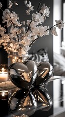 Valentine's concept with a mirrored surface reflecting sleek, metallic heart sculptures, photographs and monochromatic flowers. Vertical orientation. 
