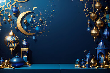 Ramadan greeting card design of crescent moon decoration and lanterns with copy space area banner design.