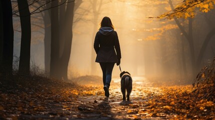 Travel with the dog concept, Girl walk away into the mystic foggy forest, autumn fallen leaves. Generative ai - Powered by Adobe