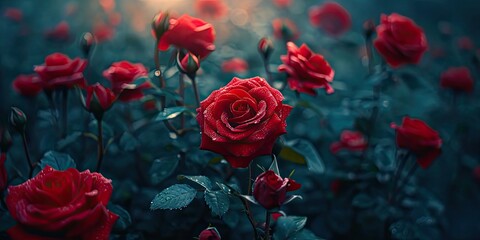 Midnight Elegance: Ethereal Glow with Blooming Crimson Roses - Mystical Atmosphere - Capture the Enchanting Beauty in the Midnight Bloom