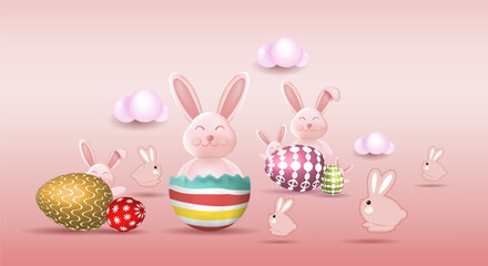 Easter poster template with Easter eggs on a light background. Easter bunny, greetings and gifts for Easter Day