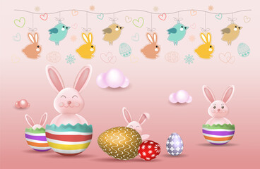 Easter poster template with Easter eggs on a light background. Easter bunny, greetings and gifts for Easter Day
