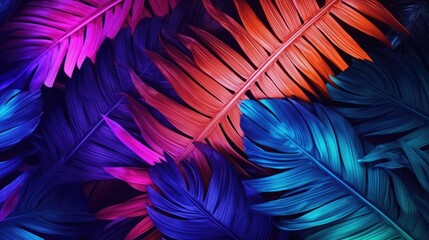 Fototapeta premium Creative fluorescent colorful tropical leaves pattern background. Generative ai
