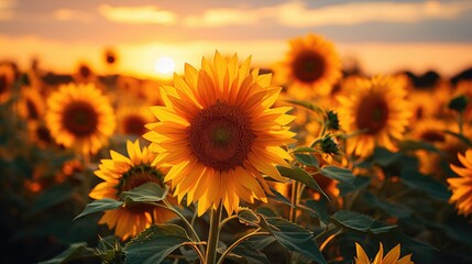 Obraz premium Sunflower field in the morning. Generative ai