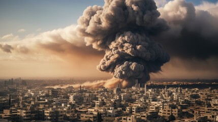 Smoke rises high after the air strike in the warzone city. Generative ai