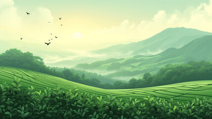 Green tea plantation landscape. Rural farmland fields, Terraced farmer, hills with greenery and mountain on horizon - obrazy, fototapety, plakaty