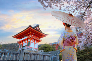 Scenic view of Young Japanese women in a traditional Kimono dress at Kiyomizu-dera temple sunrise during full bloom cherry blossom in Kyoto, Japan - 712335480