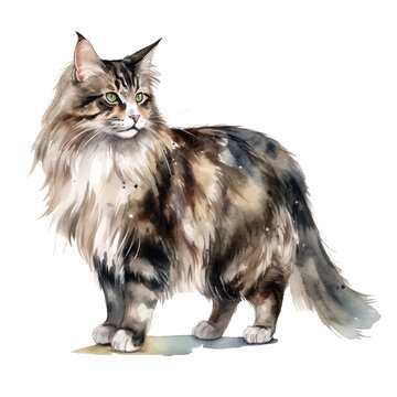 Maine coon cat on transparent isolate, cat watercolor painting collection, pet cat clipart for kids, printable animal stickers, children's book illustration
