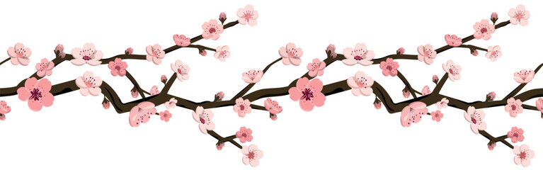 Sakura flower seamless border pattern. Japanese cherry blossom exotic texture. Spring flowers graphic for background, textile, fabric