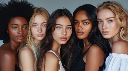 Obraz premium A diverse group of stunning women showcasing natural beauty and radiant, flawless skin. Creative concept of choosing foundation depending on skin color, palette of foundation.