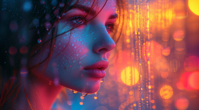 AI generated illustration of a portrait of a young woman in the rain in neon light