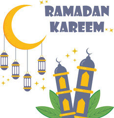 Illustration of the crescent of the holy month of Ramadan with the mosque minaret and lantern, professionally drawn on a white background