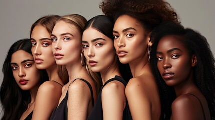 A diverse group of stunning women showcasing natural beauty and radiant, flawless skin. Creative concept of choosing foundation depending on skin color, palette of foundation.