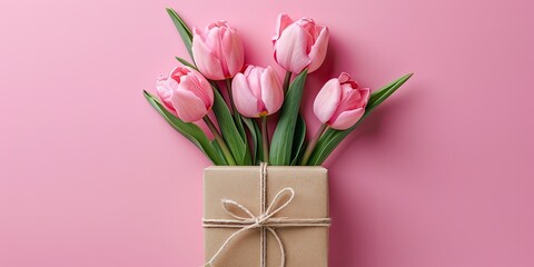 Elegant Gift Presentation: Photo of Gift Box adorned with Pink Tulips on a Pink Background - Top View with Ample Empty Space - Create a Charming Composition 