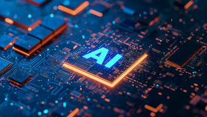 Artificial intelligence micro chip with text on chip,close-up of circuit board chip, future , smart city , ai chip,gpt,Image generation - obrazy, fototapety, plakaty
